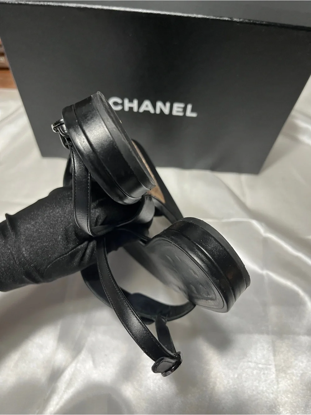 CHANEL Black Leather Thong Sandals with CC Medallion